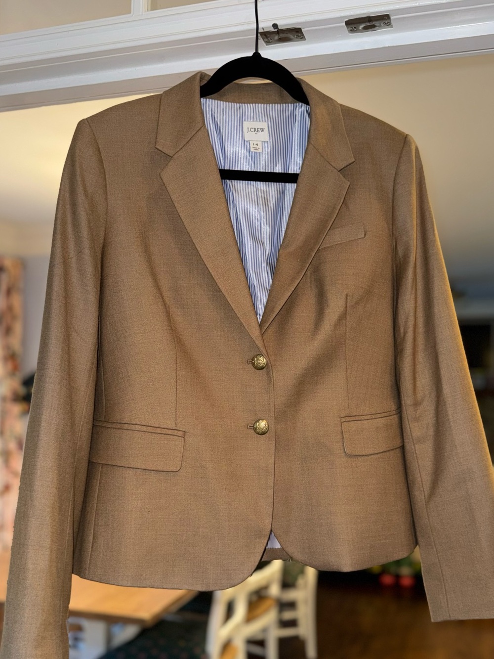 J.Crew Original Schoolboy Blazer Camel Tan Gold Crest Button Striped Lining
